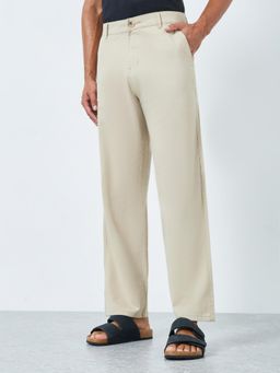 Styli - Mens Beige Solid Relaxed Fit Mid Rise Cotton Tapered Chinos