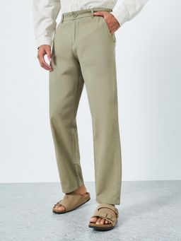 Styli - Mens Olive Solid Relaxed Fit Mid Rise Cotton Tapered Chinos
