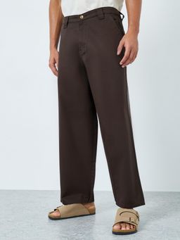 Styli - Mens Brown Solid Mid Rise Cotton Baggy Fit Trouser