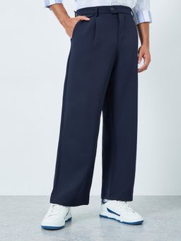 Styli - Mens Navy Blue Solid High Waist Wide Leg Korean Trouser