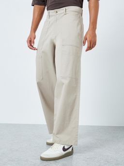 Styli - Mens Beige Solid Mid Rise Baggy Fit Cotton Trouser