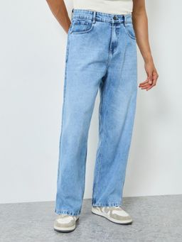 Styli - Mens Oversized Back Pockets Blue Mid Rise Baggy Fit Denim Jeans