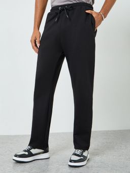 Styli - Mens Black Solid Straight Fit Stretchable Open Hem Trouser