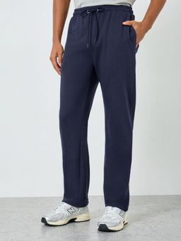 Styli - Mens Navy Blue Solid Straight Fit Stretchable Open Hem Trouser