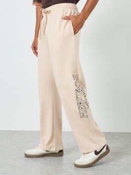 Styli - Mens Beige Pintuck Wide Leg Terry Badge Detail Trouser