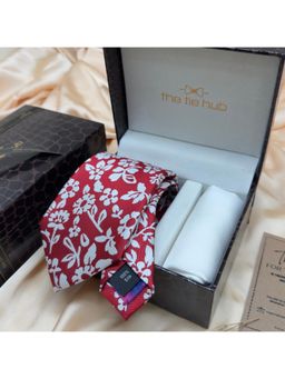 The Tie Hub - Red White Floral Silk Tie & Pocket Square