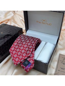 The Tie Hub - Red White Geometric Silk Tie & Pocket Square