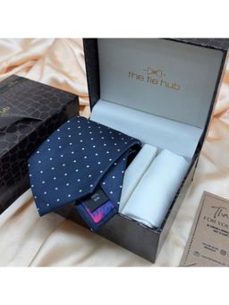 The Tie Hub - Navy Blue White Polka Dot Silk Tie & Pocket Square