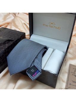 The Tie Hub - Navy Blue White Geometric Silk Tie & Pocket Square
