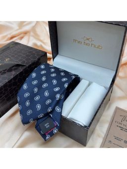 The Tie Hub - Navy Blue Paisley Silk Tie & Pocket Square