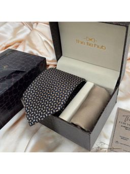 The Tie Hub - Navy Blue Beige Geometric Silk Tie & Pocket Square