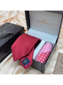 The Tie Hub - Red Solid Silk Tie & Multi-Color Microfiber Pocket Square