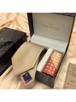 The Tie Hub - Beige Solid Silk Tie & Multi-Color Microfiber Pocket Square