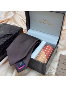 The Tie Hub - Brown Solid Silk Tie & Multi-Color Microfiber Pocket Square