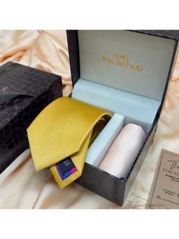 The Tie Hub - Yellow Solid Silk Tie & Multi-Color Microfiber Pocket Square