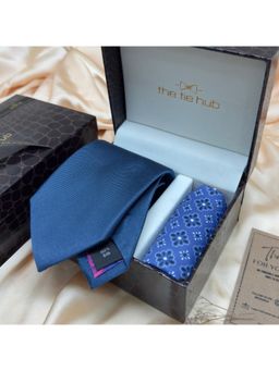 The Tie Hub - Navy Blue Solid Silk Tie & Multi-Color Microfiber Pocket Square