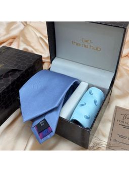 The Tie Hub - Sky Blue Solid Silk Tie & Blue Paisley Microfiber Pocket Square