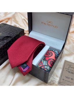 The Tie Hub - Red Solid Silk Tie & Multi-Color Geometric Microfiber Pocket Square