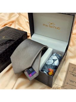 The Tie Hub - Light Brown Solid Silk Tie & Multi-Color Abstract Microfiber Pocket Square