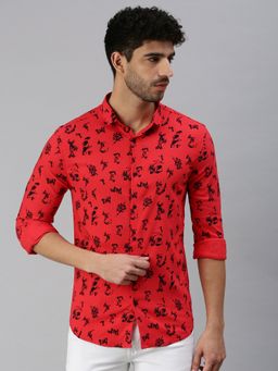 SHOWOFF - Men Roll-Up Sleeves Red Abstract Shirt