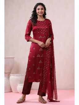 Juniper - Wine Silk Printed Straight Kurta Pant Dupatta (Set of 3)