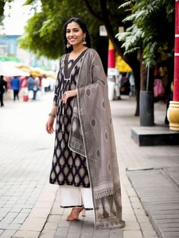 Gahan - Womens Dark Beige Ethnic Motif Printed Kurta & Palazzo With Dupatta (Set of 3)