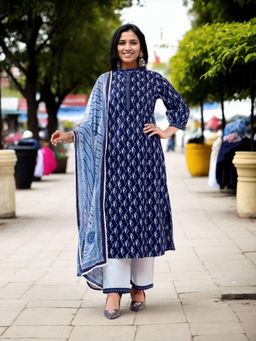Gahan - Womens Indigo Blue Ethnic Motif Printed Kurta & Pant With Dupatta (Set of 3)