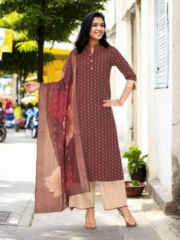 Gahan - Womens Wine Ethnic Motif Printed Kurta & Palazzo With Dupatta (Set of 3)