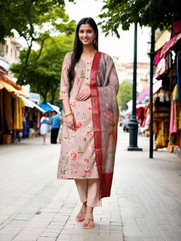 Gahan - Womens Beige Floral Printed Kurta & Pant With Dupatta (Set of 3)