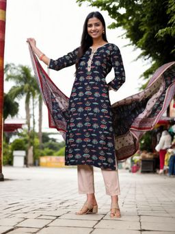 Gahan - Womens Blue Ethnic Motif Printed Kurta & Pant With Dupatta (Set of 3)
