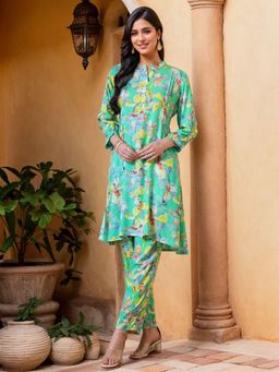 Gahan - Womens Light Green Floral Printed A-Line Kurta with Pant (Set of 2)