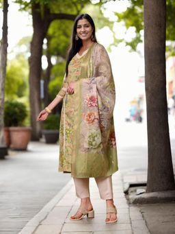Gahan - Womens Green Floral Printed Kurta & Pant With Dupatta (Set of 3)