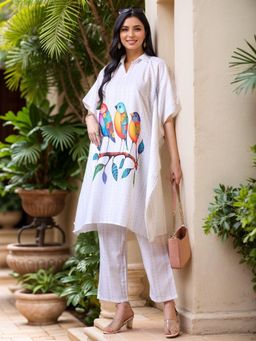 Gahan - Womens White Animal Printed Kaftan Kurta with Pant (Set of 2)