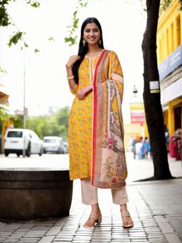 Gahan - Womens Yellow Floral Printed Kurta & Pant With Dupatta (Set of 3)