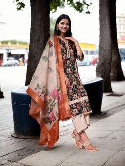 Gahan - Womens Green Floral Printed Kurta & Pant With Dupatta (Set of 3)