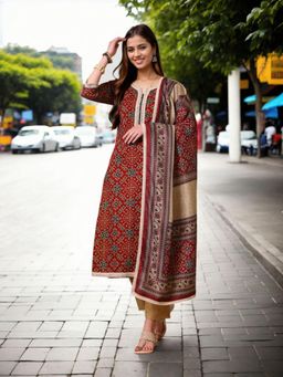 Gahan - Womens Maroon Ethnic Motif Printed Kurta & Pant With Dupatta (Set of 3)