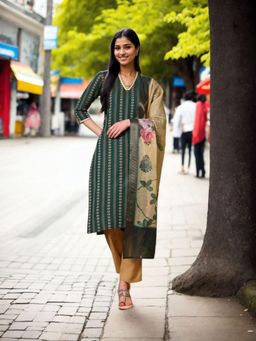 Gahan - Womens Dark Green Stripes Woven Kurta & Pant With Dupatta (Set of 3)