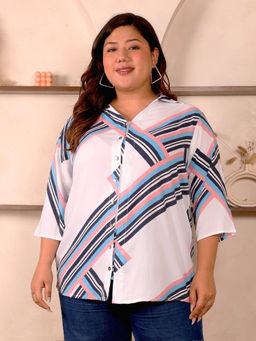 Indietoga Plus Size - Women Plus Size Pink Striped Rayon Longline Shirt