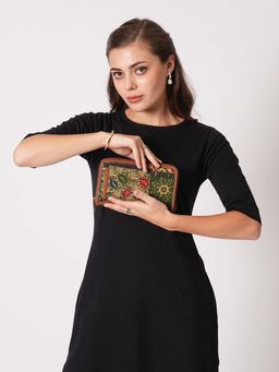 Globus - Brown Vegan Leather Floral Print Zip Around Wallet with Zip Coin Pocket