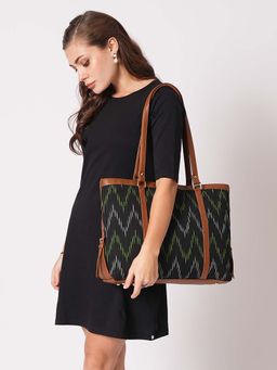Globus - Black Vegan Leather Ikat Print Double Handle Oversized Tote Bag
