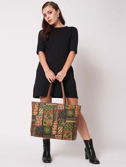 Globus - Brown Vegan Leather Ethnic Floral Print Double Handle Tote Bag