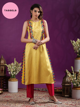 Gajra Gang - A Tasseled Affair Mustard Multi-Color Tasseled Straight Kurta GGKUR18