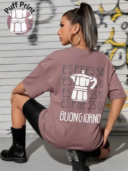 Oh Rare - Women Mauve Espresso Typography Print Oversized T-shirt