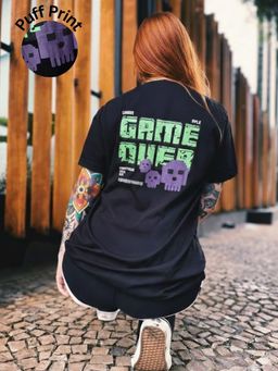 Oh Rare - Women Black Game Over Graphic Print Oversized T-shirt