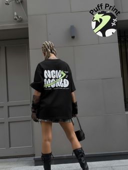 Oh Rare - Women Black New World Typography Print Oversized T-shirt