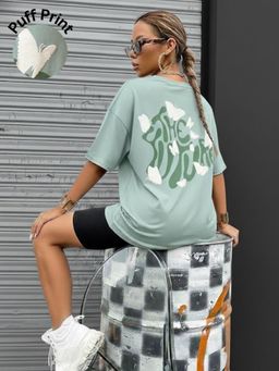 Oh Rare - Women Jade Green Typography Print Oversized T-shirt