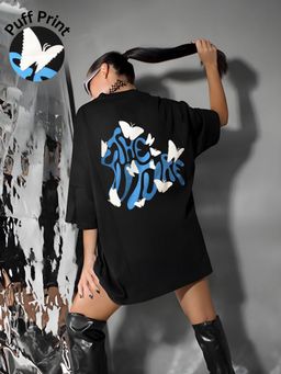 Oh Rare - Women Black Typography Print Oversized T-shirt