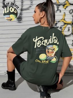 Oh Rare - Women Bottle Green Tequila Print Oversized T-shirt