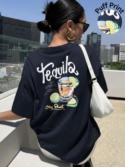 Oh Rare - Women Navy Blue Tequila Print Oversized T-shirt