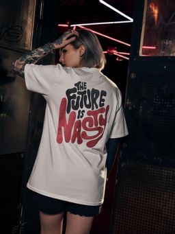 Oh Rare - Women Oversized Typography Round Neck White Printed T-shirt